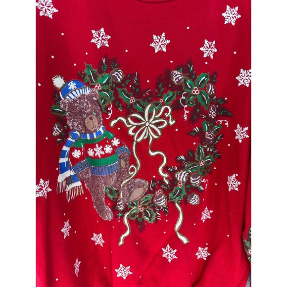VTG Holiday Time 90s Womens M Oversized Tacky Christmas Bear Sweatshirt Wreath - Picture 3 of 11
